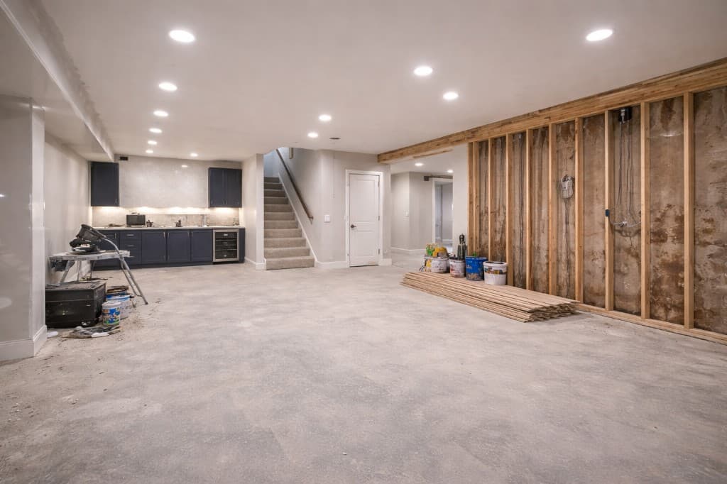 Basement renovation in progress with framing, concrete floor, and dark cabinetry wet bar in Niagara