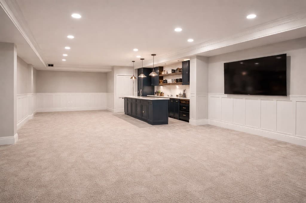 Finished basement with wainscoting, carpet, wet bar with dark cabinets, and wall-mounted TV in Welland