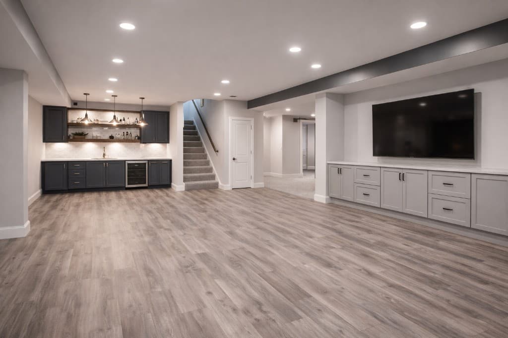 Completed basement with vinyl plank flooring, wet bar, built-in entertainment unit, and recessed lighting in Niagara