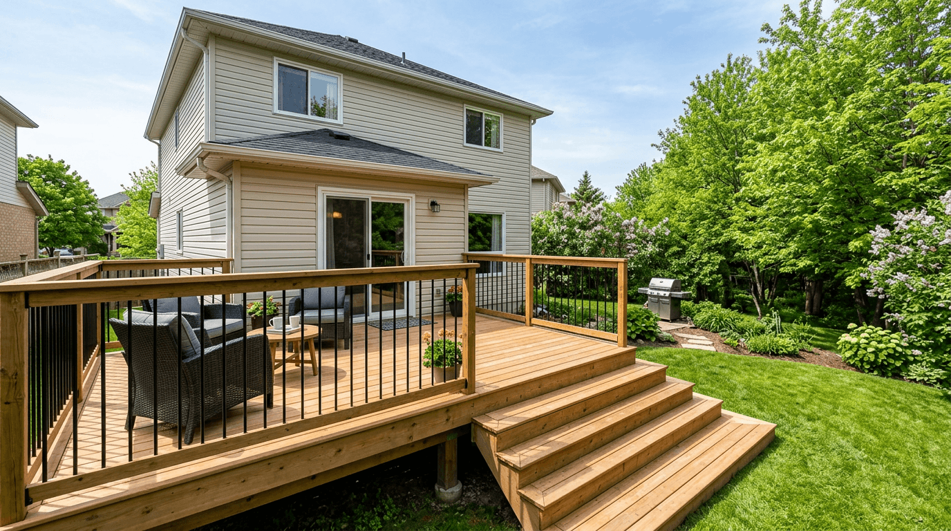 New pressure treated wood deck on the back of a Niagara Region home