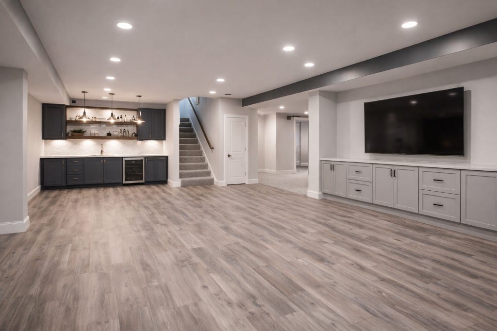 Completed basement with built-in media storage, wet bar, lighting and plank flooring