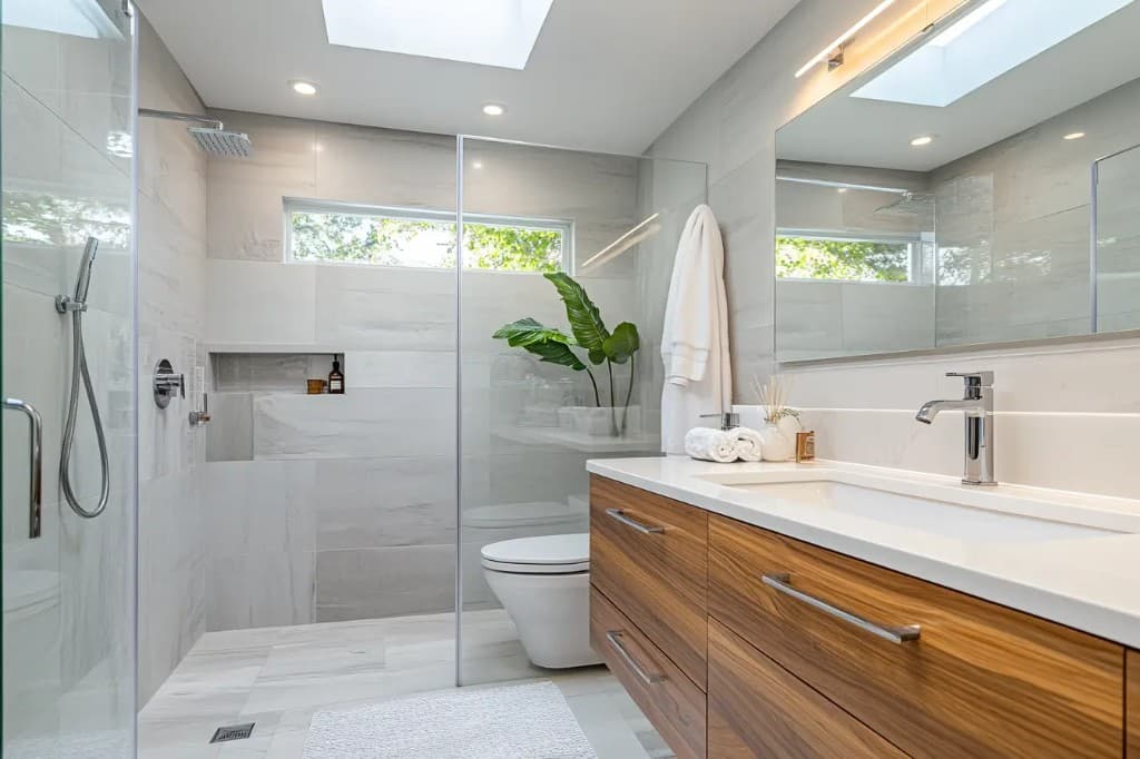 Modern bathroom with walk-in glass shower, wood vanity and skylight