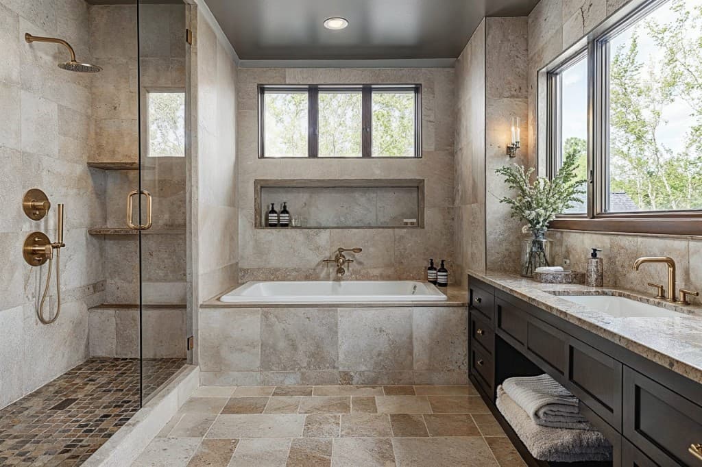 Spa-style bathroom with natural stone tile, soaker tub and gold fixtures