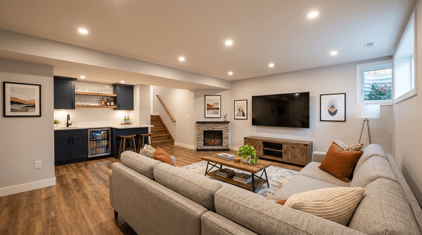 A modern finished basement with warm lighting and comfortable living space in a Niagara Region home