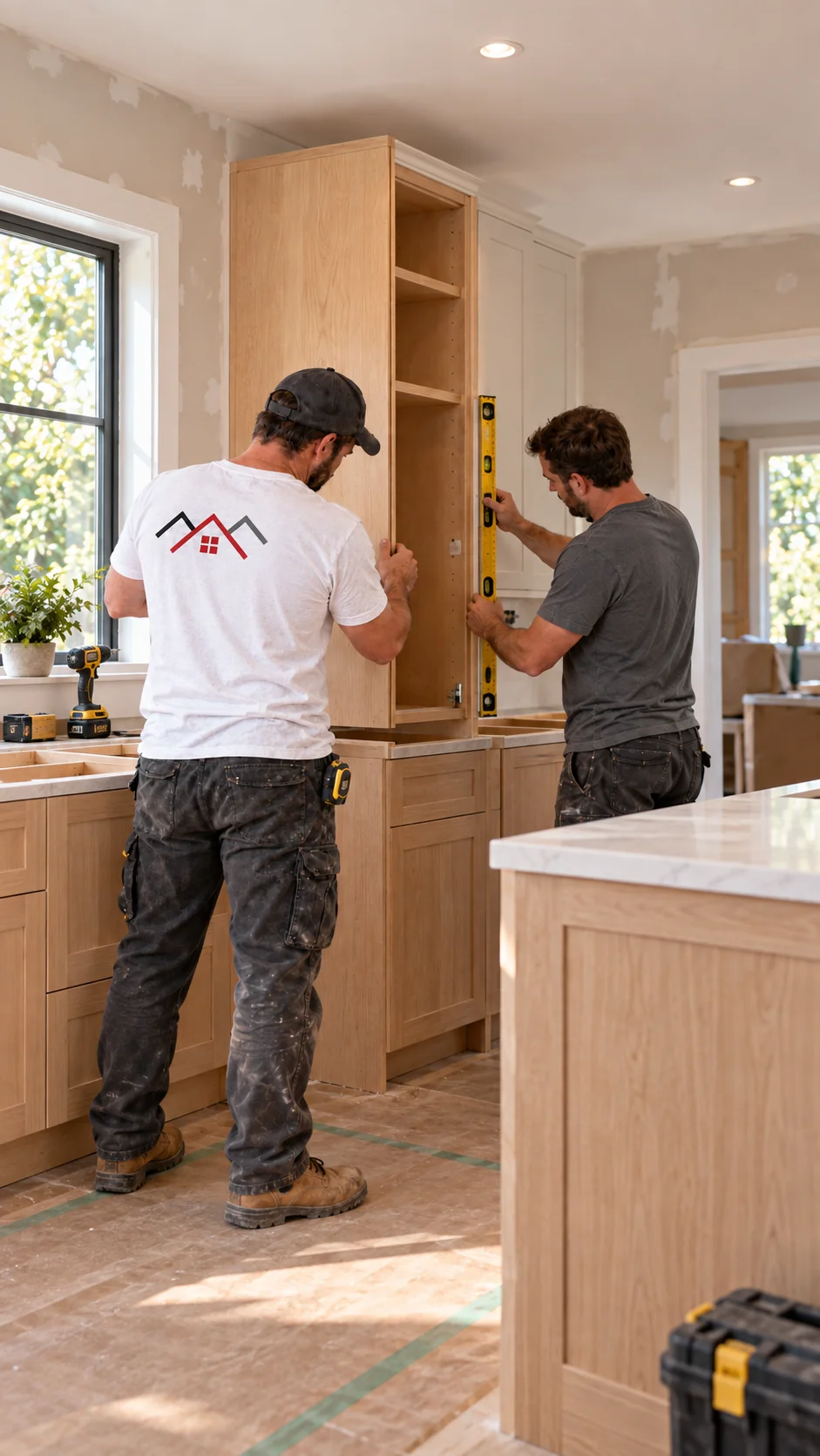 Renovation workers fitting kitchen cabinetry, with a Byout roof emblem on the foreground worker’s white shirt
