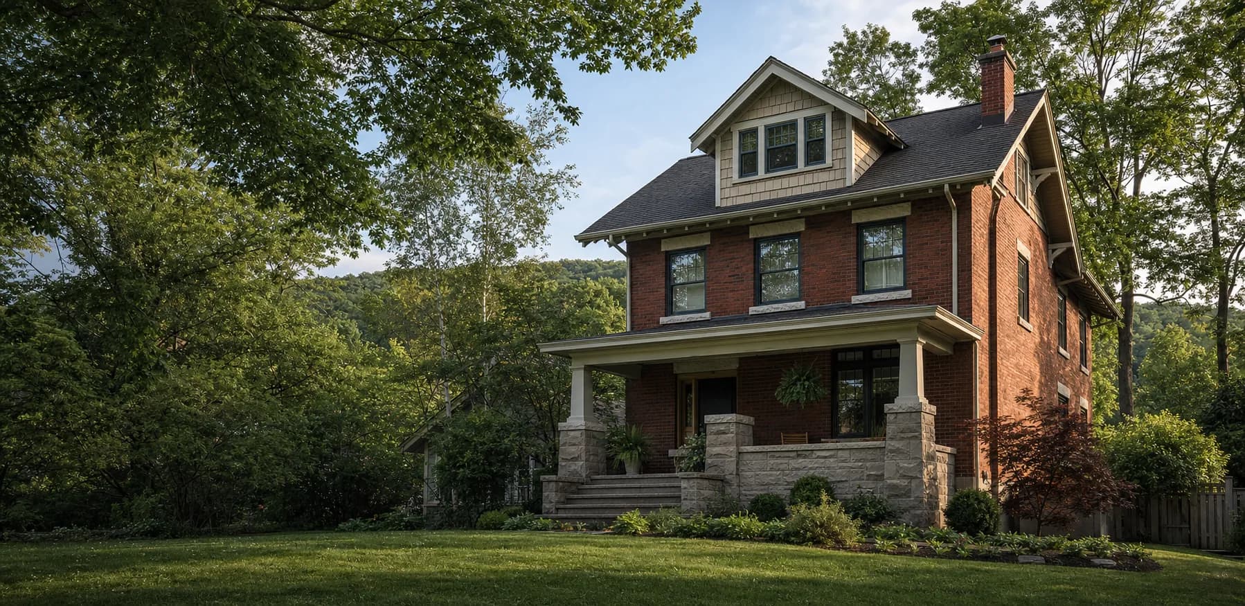 AI-generated visualization of a red-brick Craftsman home representative of Grimsby, Ontario