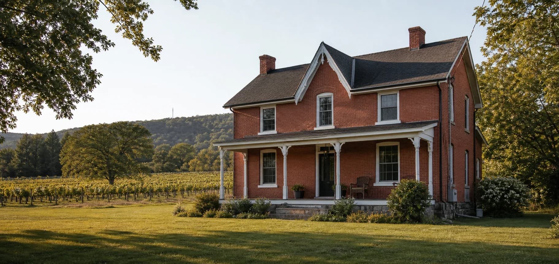 AI-generated visualization of a red-brick Ontario farmhouse representative of Lincoln wine country