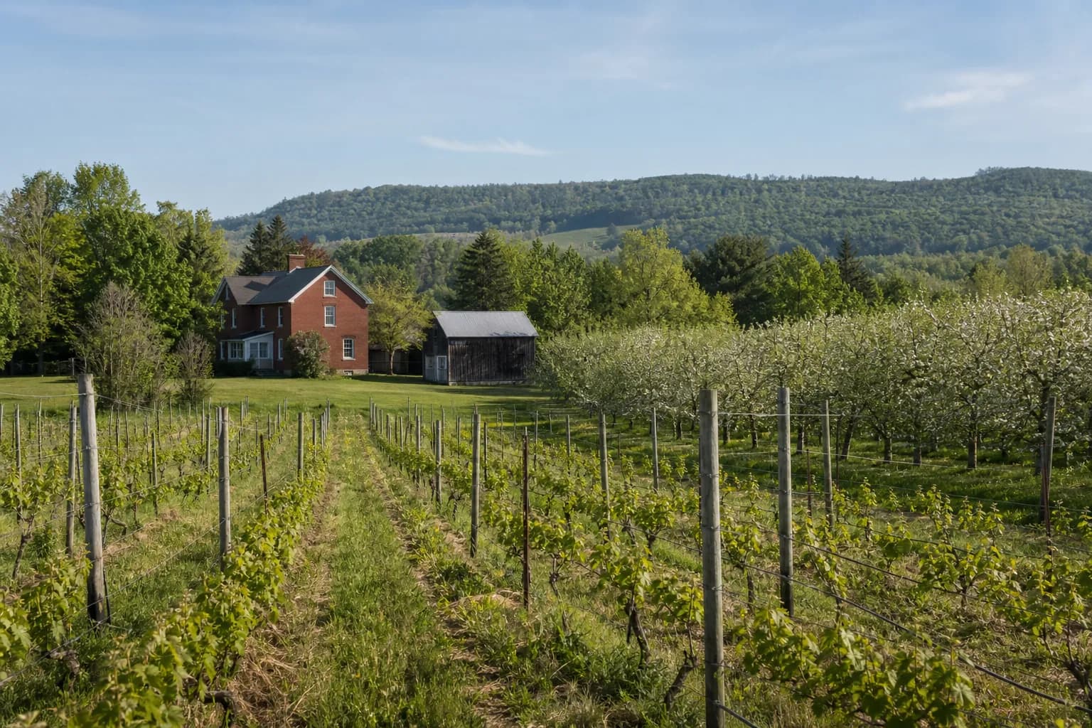 AI-generated regional visualization of a Lincoln vineyard, orchard, and Ontario farmhouse