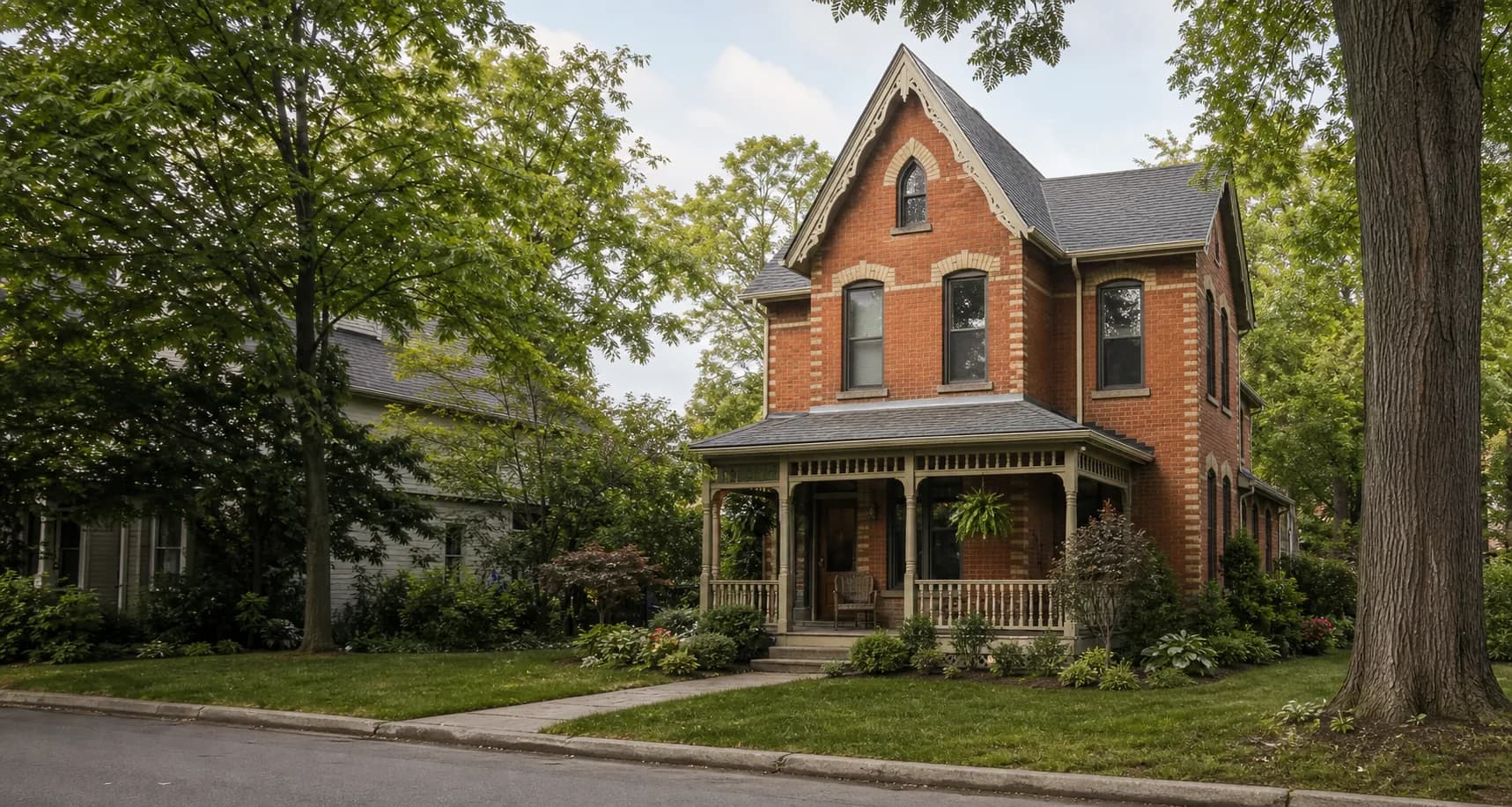 AI-generated visualization of a red-brick Gothic Revival home representative of St. Catharines, Ontario