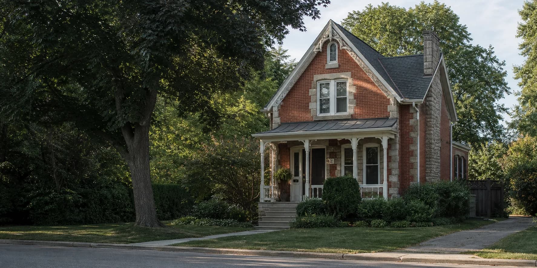 AI-generated visualization of a brick and stone Victorian home representative of Thorold, Ontario