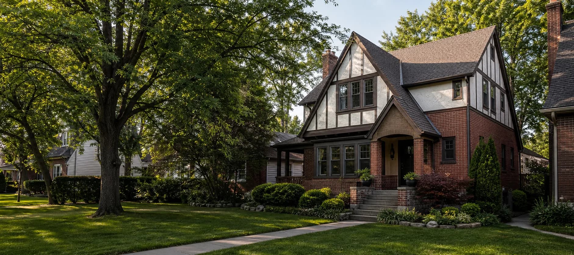 AI-generated visualization of a Tudor Revival home representative of Welland, Ontario
