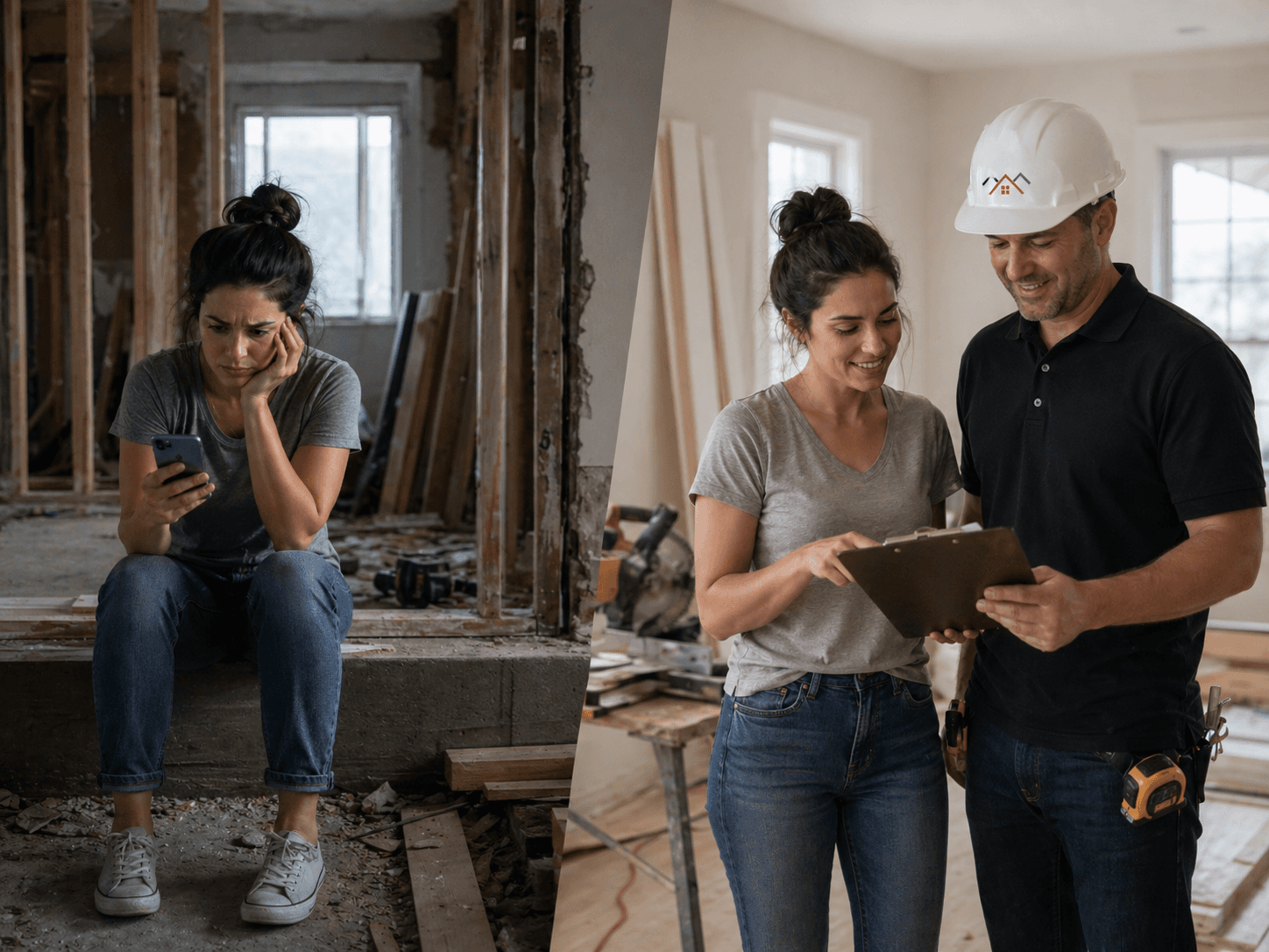 Homeowner frustrated by a stalled renovation contrasted with a clear, professional walkthrough with a contractor
