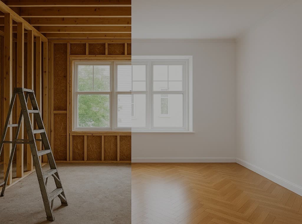 Before and after full home transformation from exposed studs to finished room
