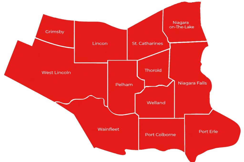 Map of the Niagara Region showing communities served by local contractors and homeowners