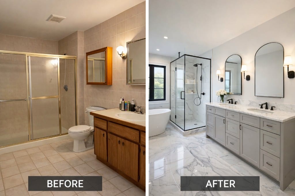 Bathroom before-and-after comparison with a glass shower and double vanity