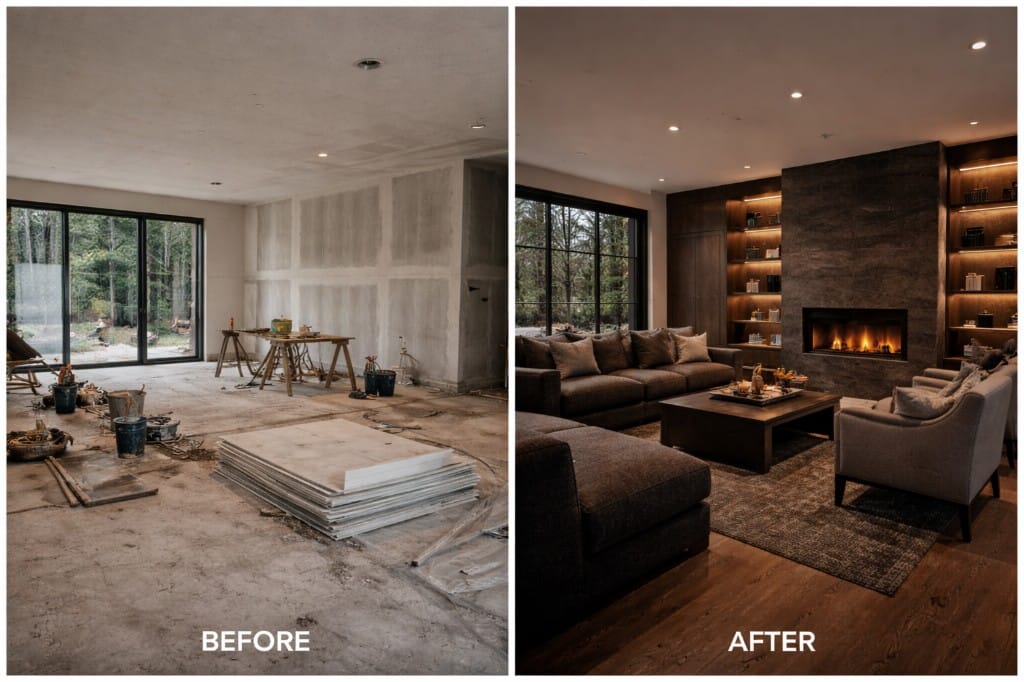 Living room before-and-after comparison with a finished fireplace wall and built-ins