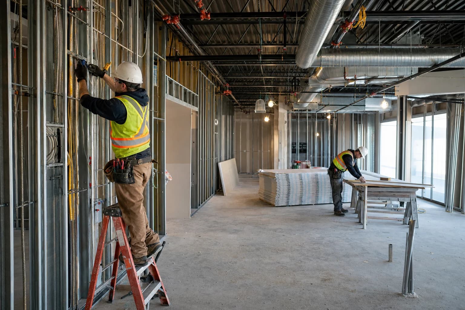 Representative office tenant fit-up with metal stud partitions and exposed mechanical services