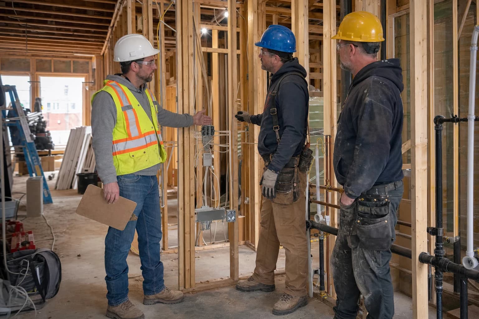 Representative project manager coordinating trades during framing and rough-in