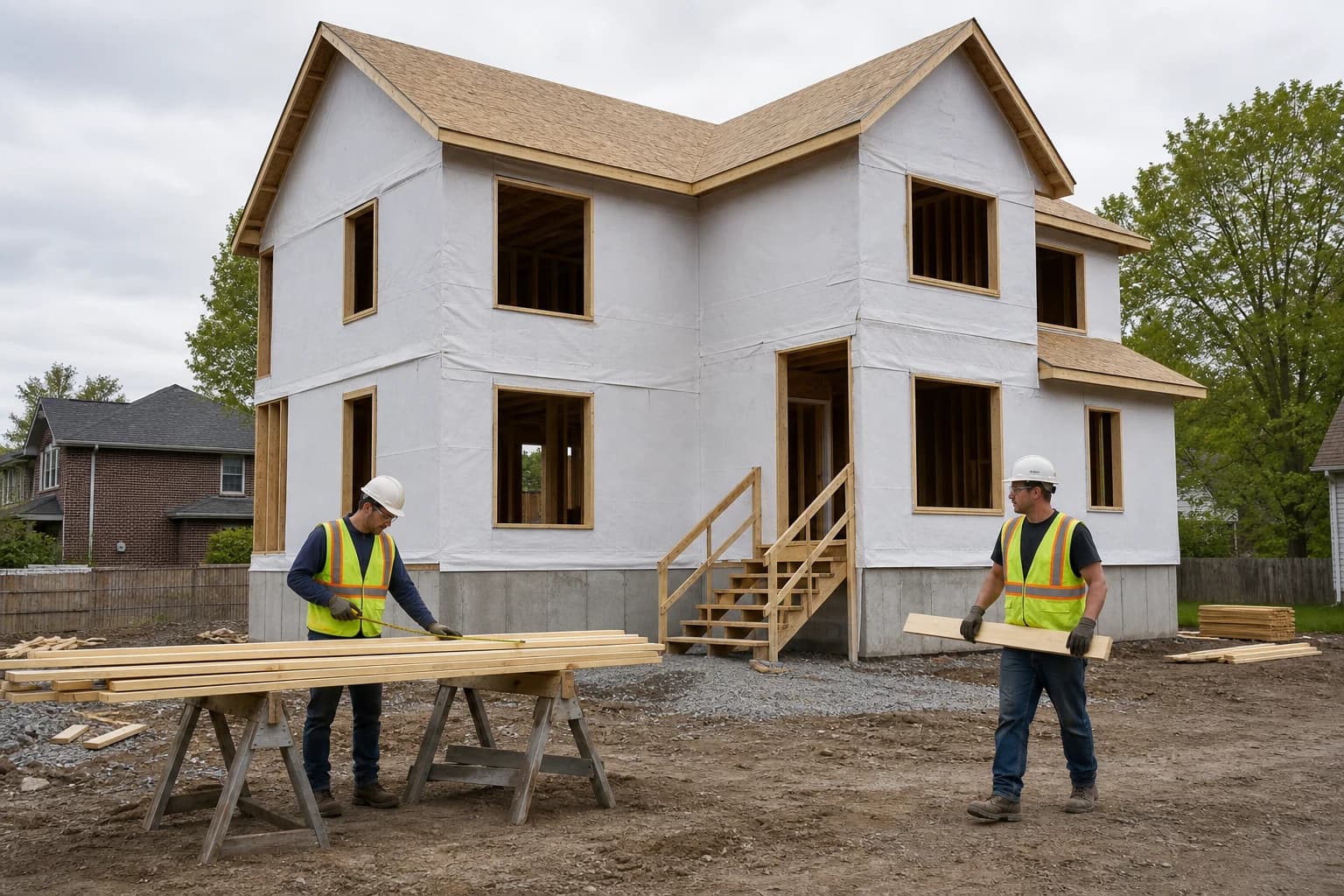 Representative custom home construction site with a framed and wrapped exterior