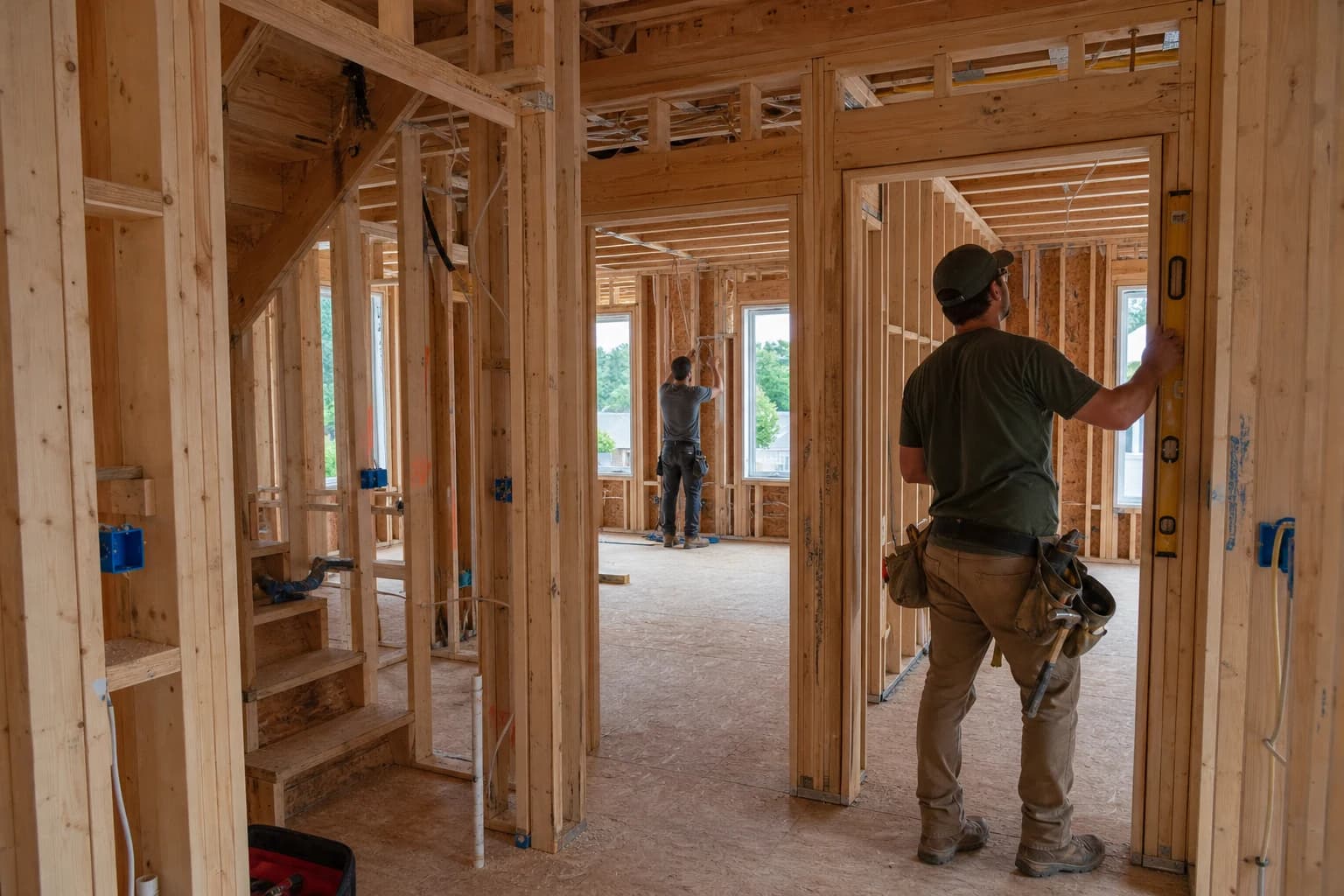 Representative custom home interior at the wood framing and rough-in stage