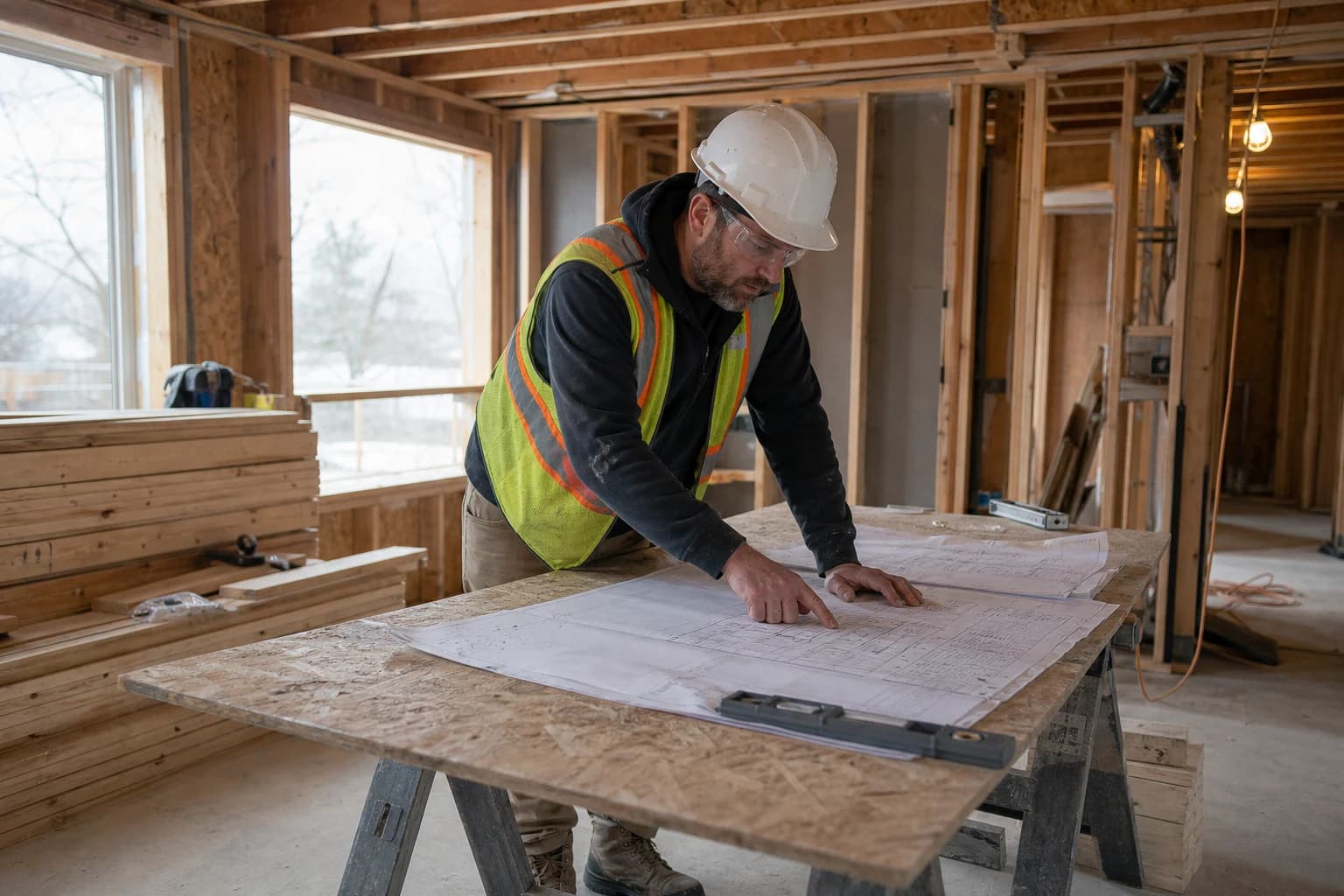 Representative construction manager reviewing permit drawings inside an active renovation